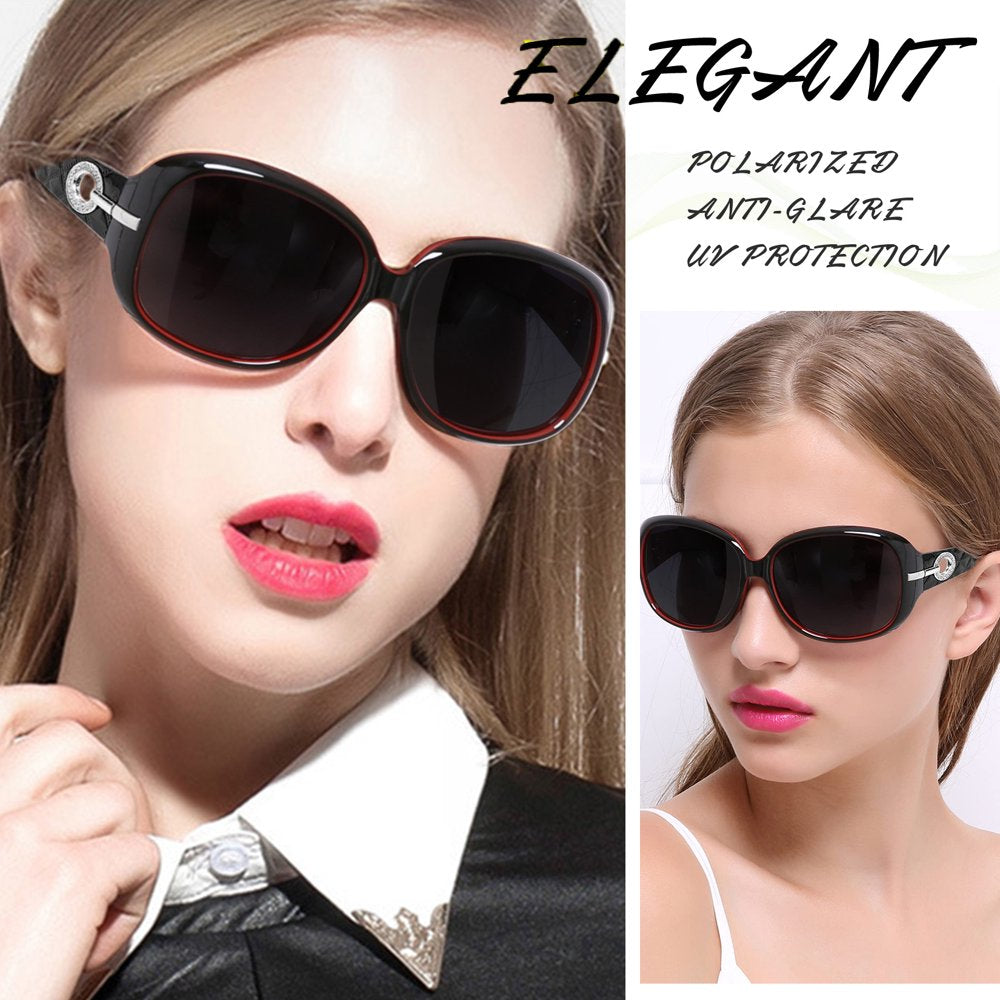 Polarized Sunglasses for Women Trendy Oversized Big Sparkling Composite Shiny Frame (Red)