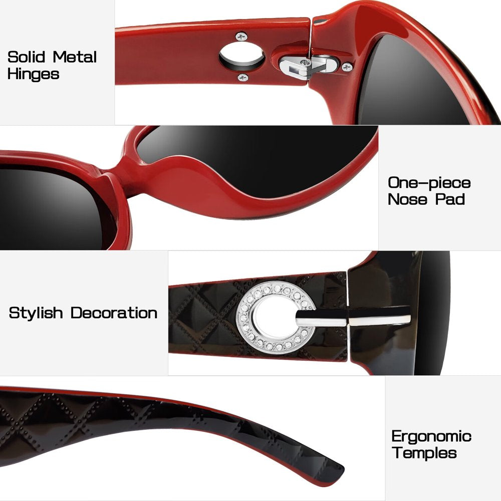 Polarized Sunglasses for Women Trendy Oversized Big Sparkling Composite Shiny Frame (Red)